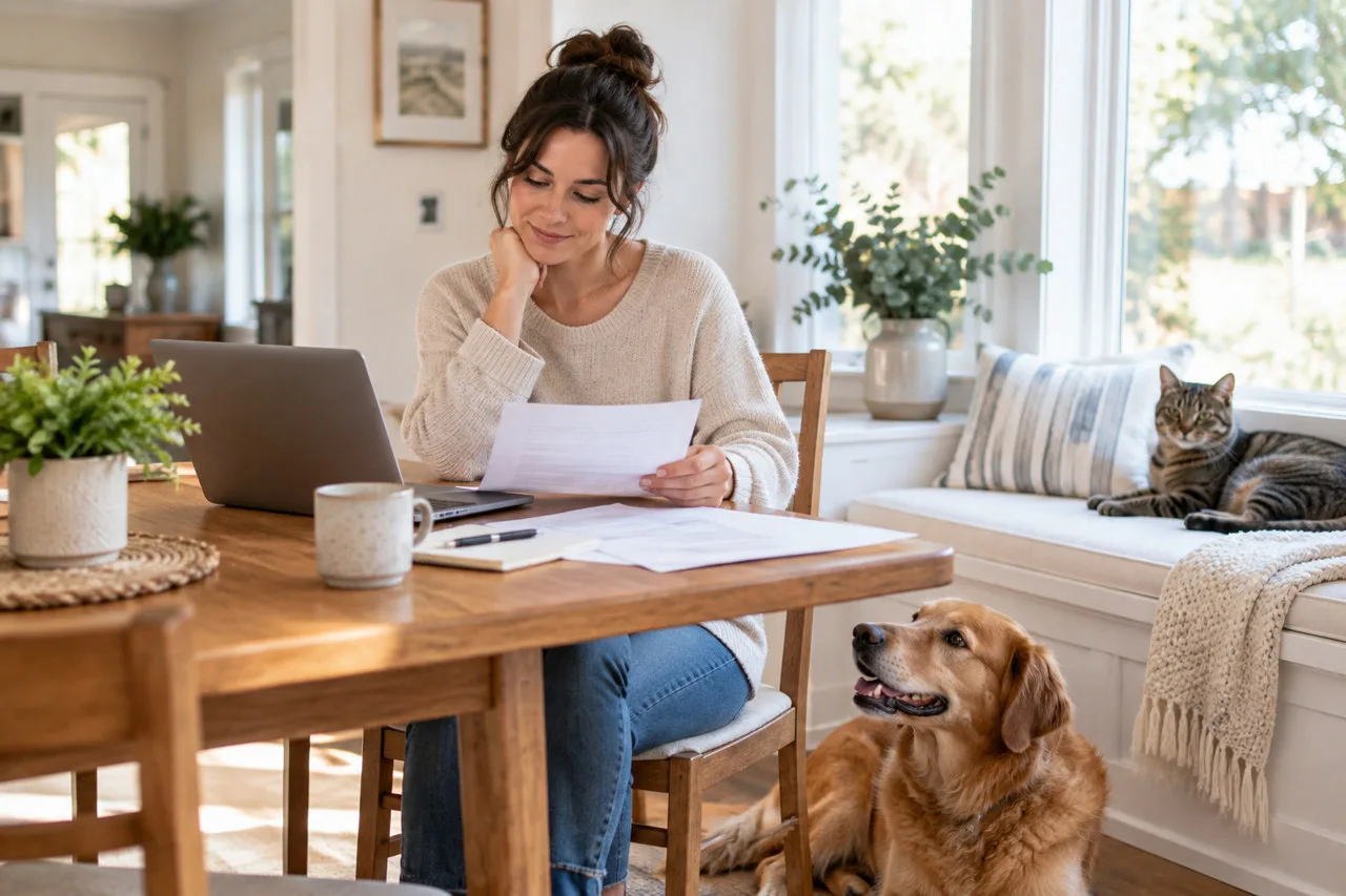 Owner reading documents at a table with a dog resting nearby